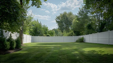 Obraz premium A photo shows a white vinyl fence around a backyard with green grass, trees and a blue sky.
