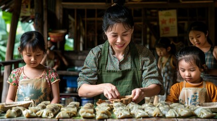A heartwarming image capturing a family engaged in making traditional Asian dumplings, bonding over culinary culture