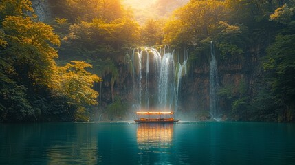 A boat carrying passengers floats in front of a majestic waterfall surrounded by lush green foliage in a tranquil lake setting