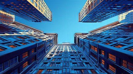 Skyscrapers towering into the blue sky with a digital art perspective twist in an urban setting