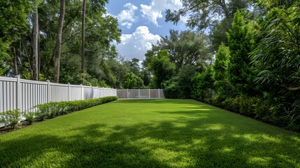 A photo shows a white vinyl fence around a backyard with green grass, trees and a blue sky.