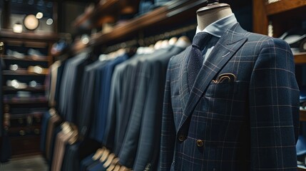 Navy blue mens suit and tie displayed on mannequin in a tailoring room of a luxury menswear store. Generative AI