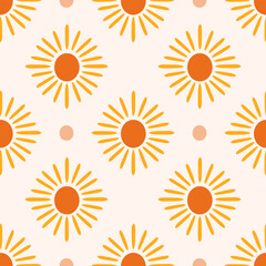 Boho sun vector seamless pattern. Modern simple orange sun shapes and dots on cream off-white background. Groovy celestial surface design for textile, fabric, decor, paper. Cute retro repeat tile