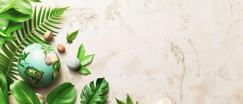Eco-friendly concept with globe, green leaves, rocks on textured background. Nature conservation, planet protection, environmental sustainability.