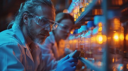 Fototapeta premium Despite a blurred face, the image conveys a scientist engaged in research in a high-tech lab with glowing equipment and a serious ambiance