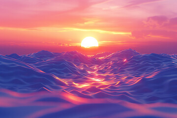 Stunning sunset over calm ocean waves, with vibrant pinks and purples in the sky creating a serene and tranquil atmosphere.