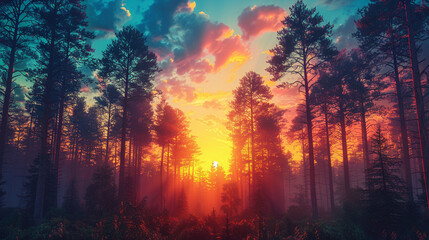 Stunning sunset illuminates a forest, casting vibrant hues across the sky and trees, creating a serene, picturesque natural landscape.