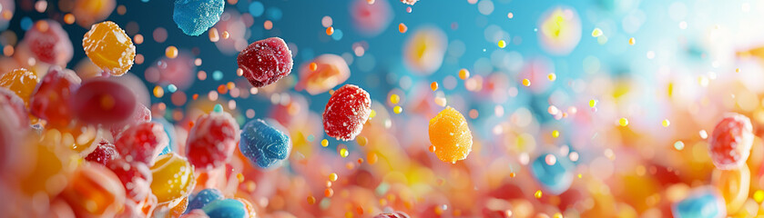 Fototapeta premium Vibrant close-up of colorful candies in mid-air, creating a festive and joyful atmosphere with bright lighting and dynamic motion.