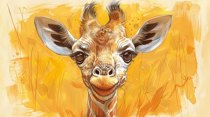 A playful and vibrant illustration of a baby giraffe's head, with big expressive eyes, set against a warm yellow background, evoking a sense of joy and innocence