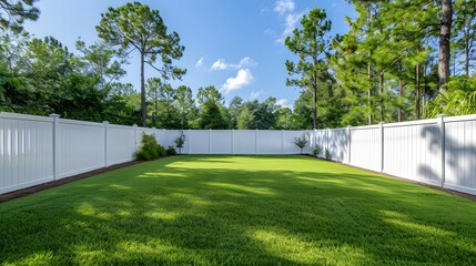 A photo shows a white vinyl fence around a backyard with green grass, trees and a blue sky.