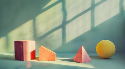 A photograph of three colorful geometric shapes, including one cube and two triangles, arranged on the left side against a light green background with soft shadows.