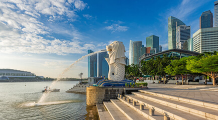 Singapore, February 03, 2024: Merlion statue fountain at Merlion Park in Marina Bay of Singapore....