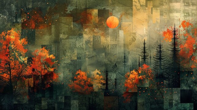 Create an artwork showcasing earthy tones of autumn. Use a color palette of browns, greens, and oranges to create an abstract composition. Incorporate simple shapes and patterns to evoke the natural