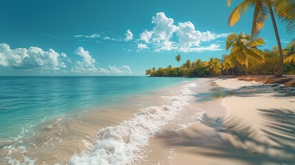 Stunning tropical beach with clear blue waters, white sands, palm trees, and fluffy clouds in a serene environment