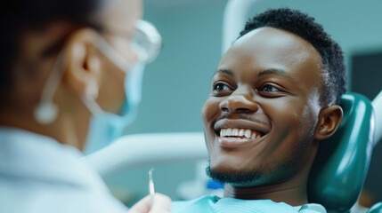 Smiling African american man sitting in dental chair in modern dental clinic  - Powered by Adobe