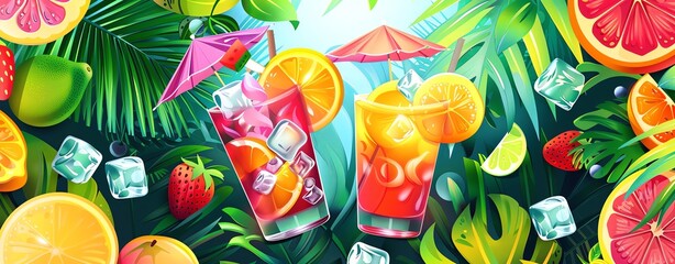 Tropical cocktail and umbrella party banner with colorful drinks, fruit slices, ice cubes and exotic plants background illustration of a tropical drink summer concept