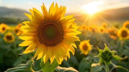 A sunflower field under the setting sun, with sunlight casting long shadows over vibrant yellow petals and green leaves.