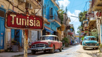 Obraz premium A colorful and vibrant street view in Tunisia with a vintage street sign and classic cars