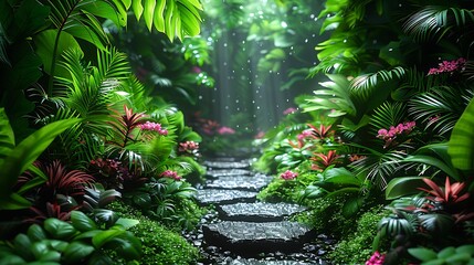 Biophilic design with lush forest elements, abstract floral shapes, vibrant greens and purples, dynamic and organic composition, serene and tranquil, light filtering through trees, natural patterns.