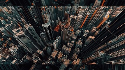Craft a dreamlike cityscape featuring a birds-eye perspective of a dystopian world where reality and imagination collide Experiment with unexpected angles