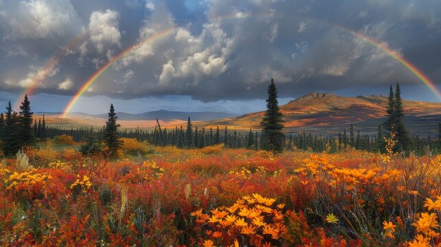 Stunning panoramic autumn view featuring a double rainbow over a colorful meadow and distant mountains