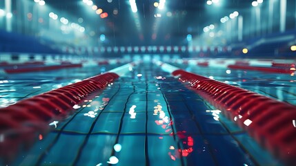 A swimming pool with red and white tiles, a long view of the starting line at one end of an olympic-sized competition swim track.