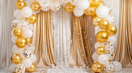 glamorous gold balloon arch with confetti and white fabric festive wedding or birthday celebration decor