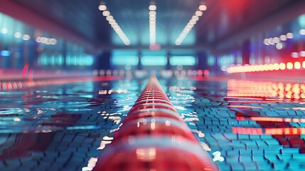 A swimming pool with red and white tiles, a long view of the starting line at one end of an olympic-sized competition swim track.