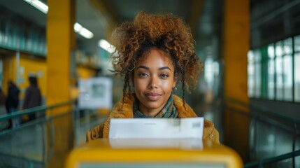 With a backdrop of a bustling train station, a young woman poses confidently, dressed in stylish autumn attire