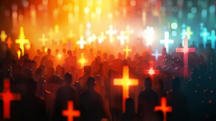 glowing cross silhouettes in crowd symbols of faith hope and spiritual unity concept illustration