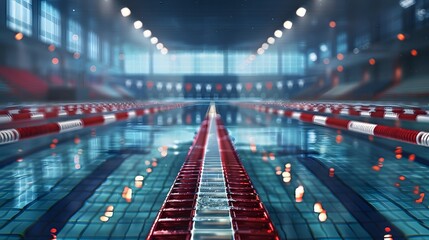 A swimming pool with red and white tiles, a long view of the starting line at one end of an olympic-sized competition swim track.
