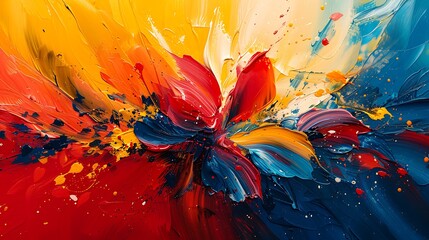 Bold and dynamic abstract expressionist floral design, vibrant colors, energetic brushstrokes, flowers in bloom, swirling and chaotic composition, rich reds, blues, and yellows.