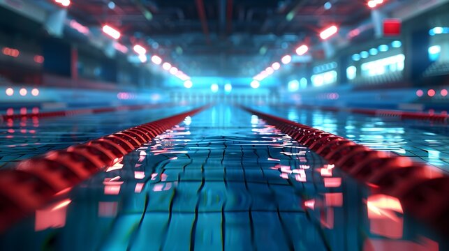 A swimming pool with red and white tiles, a long view of the starting line at one end of an olympic-sized competition swim track.