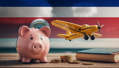 A piggy bank, coins, and a toy plane in front of the Costa Rica flag, depicting the relationship between financial planning, travel, and dreams in the Costa Rica