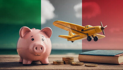 A piggy bank, coins, and a toy plane in front of the Italy flag, depicting the relationship between financial planning, travel, and dreams in the Italy