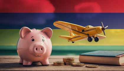 A piggy bank, coins, and a toy plane in front of the Mauritius flag, depicting the relationship between financial planning, travel, and dreams in the Mauritius