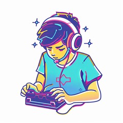 A boy is playing a video game with a controller