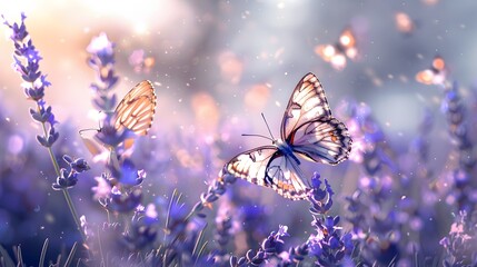 Beautiful butterflies in the air, surrounded by lavender flowers, beautiful and dreamy, with a bokeh background and blurred background, with blue and purple tones.