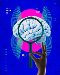 Contemporary art collage. Human hands holding magnifying glass exploring the human brain against vibrant blue background. Concept of technology progress and science discoveries. Futuristic artwork. © Lustre Art Group 
