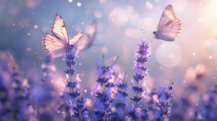 Beautiful butterflies in the air, surrounded by lavender flowers, beautiful and dreamy, with a...