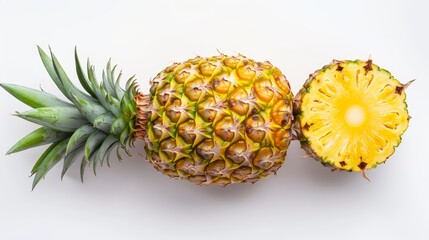 Fresh whole pineapple with vibrant green crown, isolated on white background, perfect for tropical fruit displays, clean and vibrant look, ample space for text