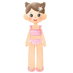 Little Girl in Swimsuit, Summer Illustration, Summertime Clipart Hand Drawn