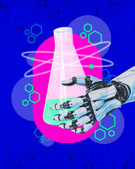 Contemporary art collage. Robot hand holding chemical flask with bright liquid against vibrant blue...