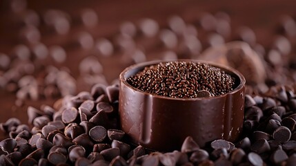 A close-up portrait shot of a circular chocolate with chocolate sprinkles in a brown container.