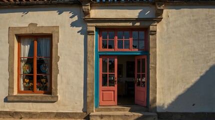 Fototapeta premium A quaint village adorned with colorful windows reflecting the stories of its inhabitants ai_generated