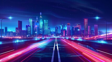 Obraz premium illuminated city highway at night with asphalt road and urban skyline concept illustration
