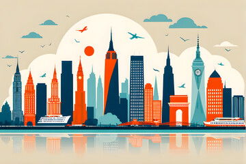 Urban Growth and Development - Stylized Illustration of a Bustling Cityscape with Skyscrapers, Airplane, and Reflective Water