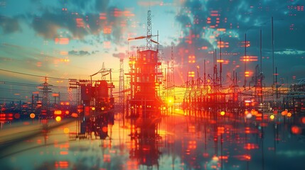 Fototapeta premium Double exposure of electrical substation designs with actual industrial substations. Minimal and Simple style