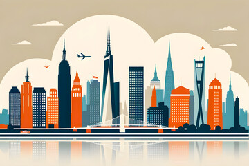 Urban Growth and Development - Stylized Illustration of a Bustling Cityscape with Skyscrapers, Airplane, and Reflective Water