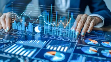 Businessperson analyzing digital data and financial graphs on a virtual screen, showcasing advanced analytics and business intelligence.